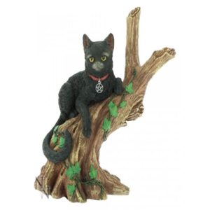 Onyx – Black Cat Resting on Tree Figurine